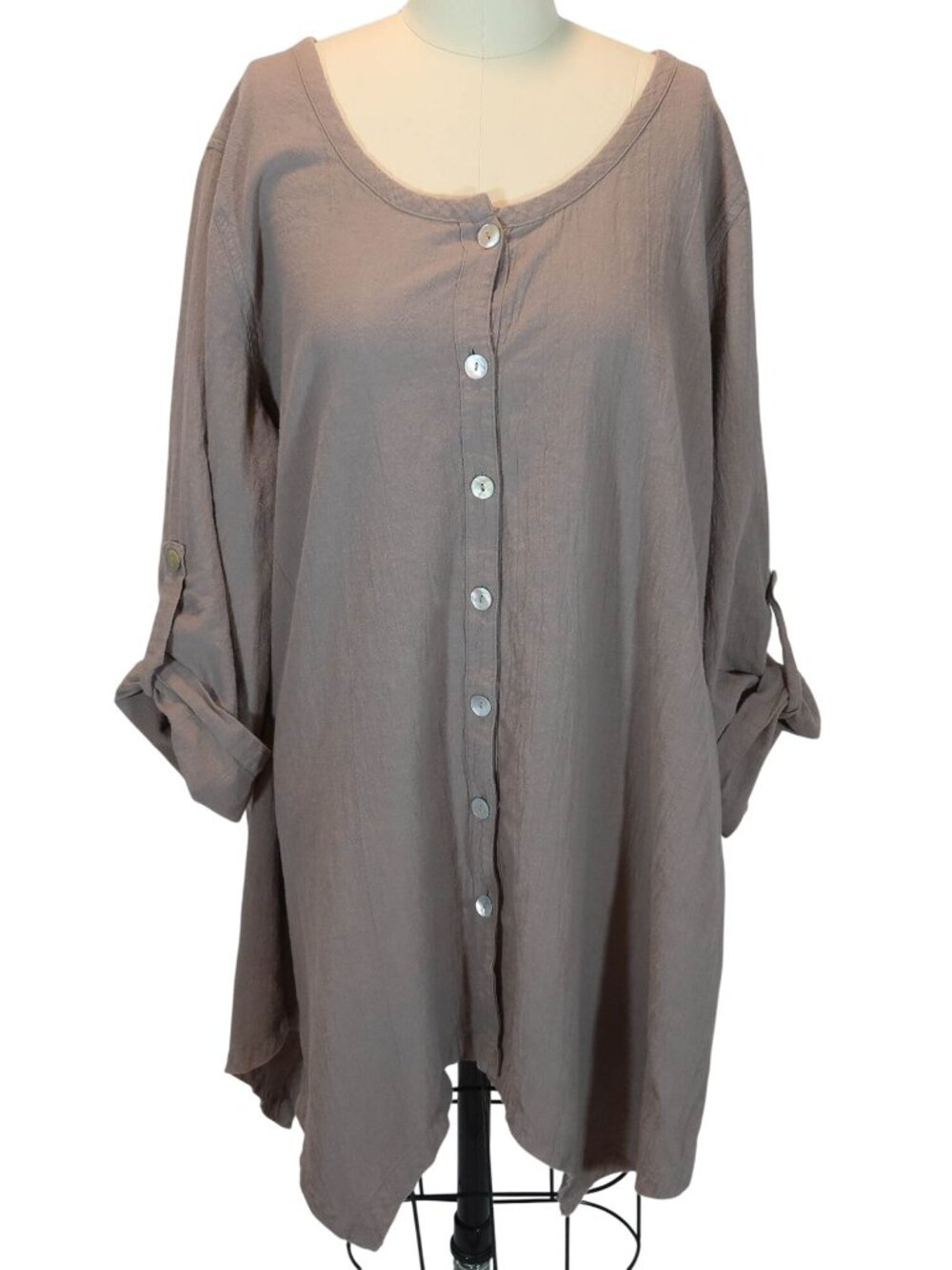 SOFT SURROUNDINGS Taupe 100% Cotton Button Up Roll Sleeve Tunic 1X Lagenlook